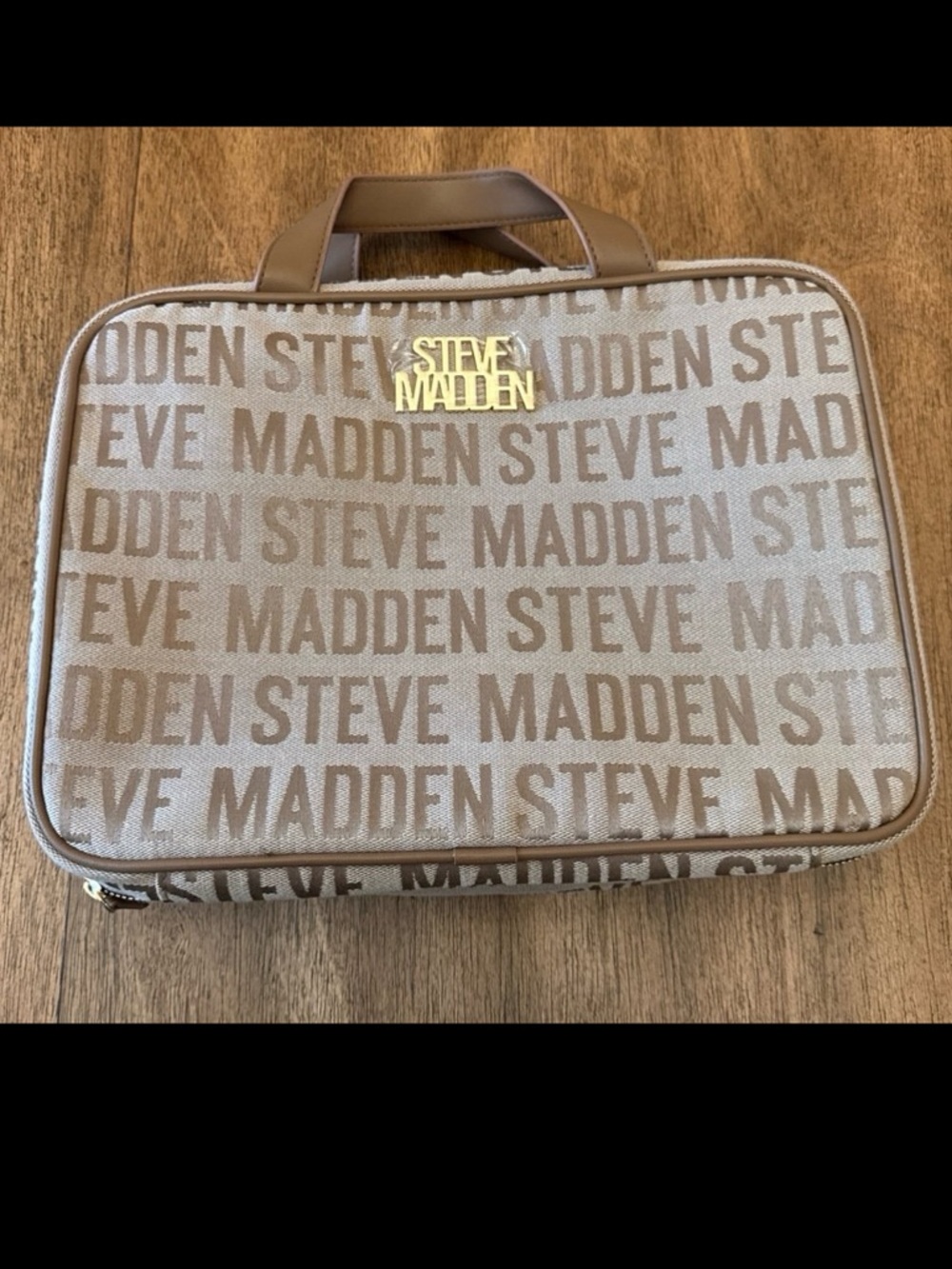 Steve Madden Beige Logo-Print Toiletry Bag with Gold Plaque